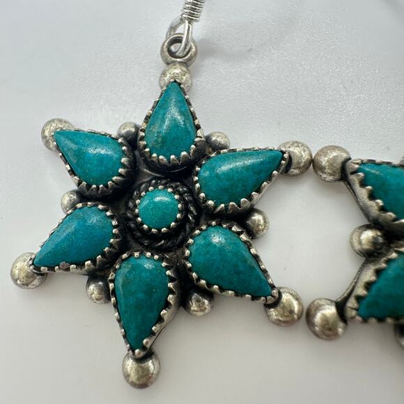 Zuni Native vintage 925 sterling silver genuine turquoise hook drop earrings - Picture 3 of 7